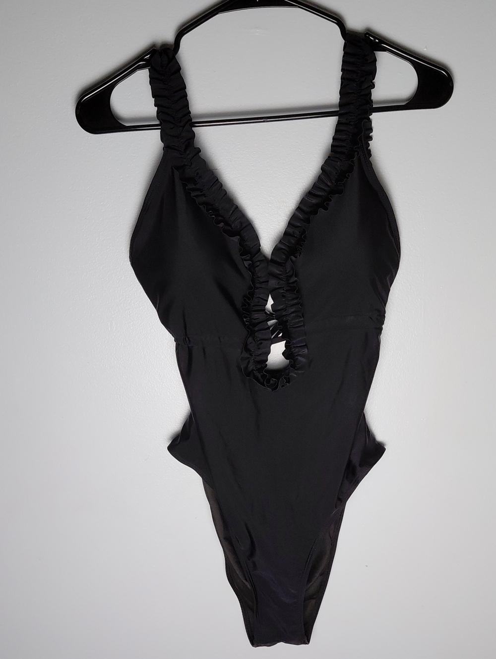 Black One Piece Swimsuit Ruffle Deep Plunge Neckline Open Back Ruched Bottom XL